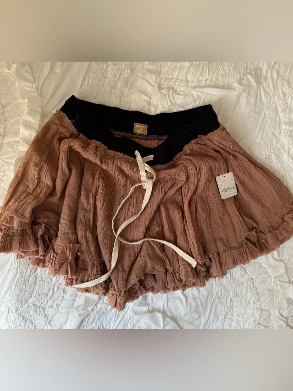Free People Rust Brown Ruffle Mini Skirt with Black Waistband. NWT